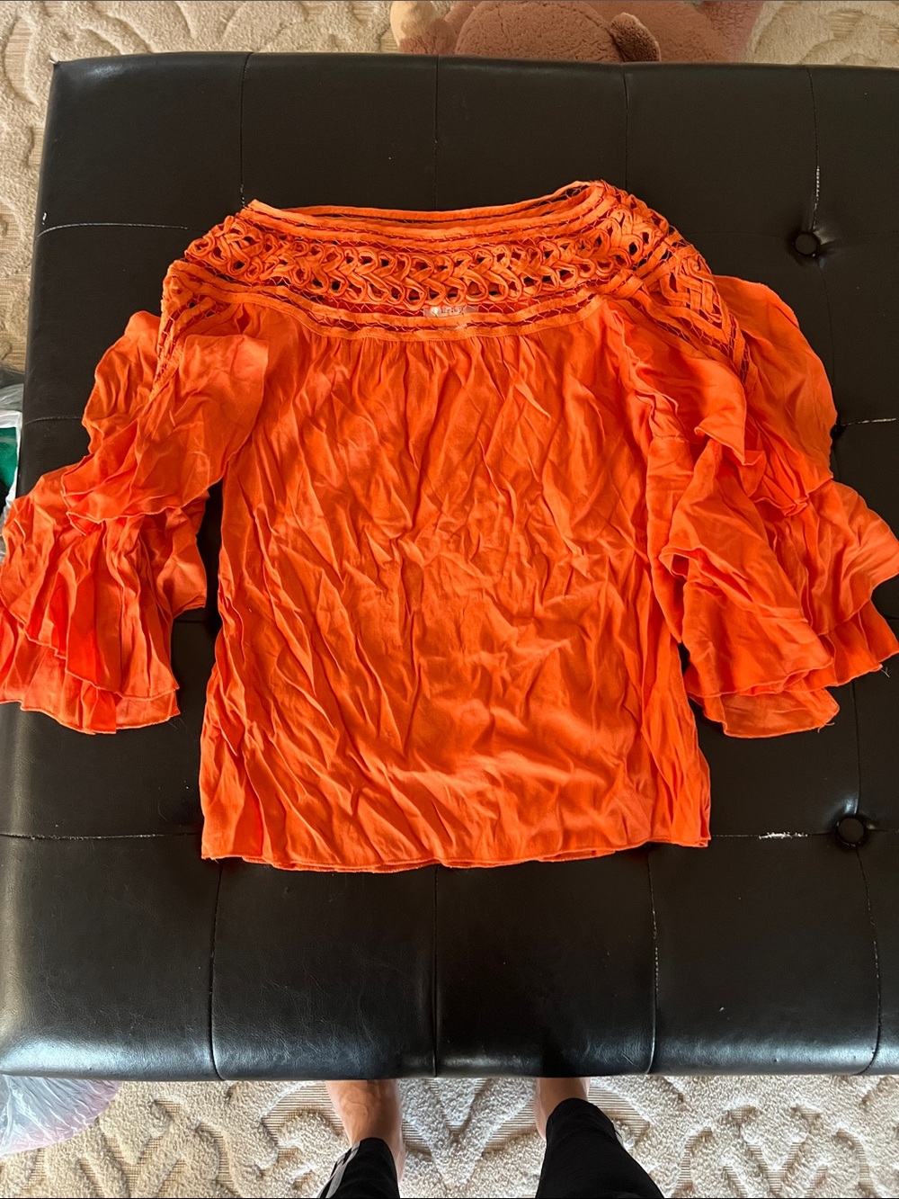 Esley Orange Crochet Yoke Ruffle Sleeve Blouse
